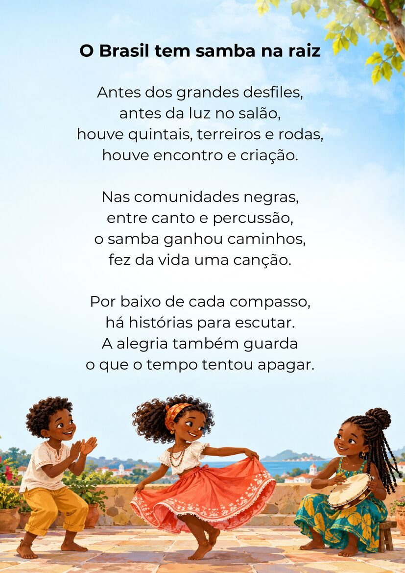 Poema O Brasil tem samba na raiz, com ilustração de dança, palmas e pandeiro entre pessoas negras.
